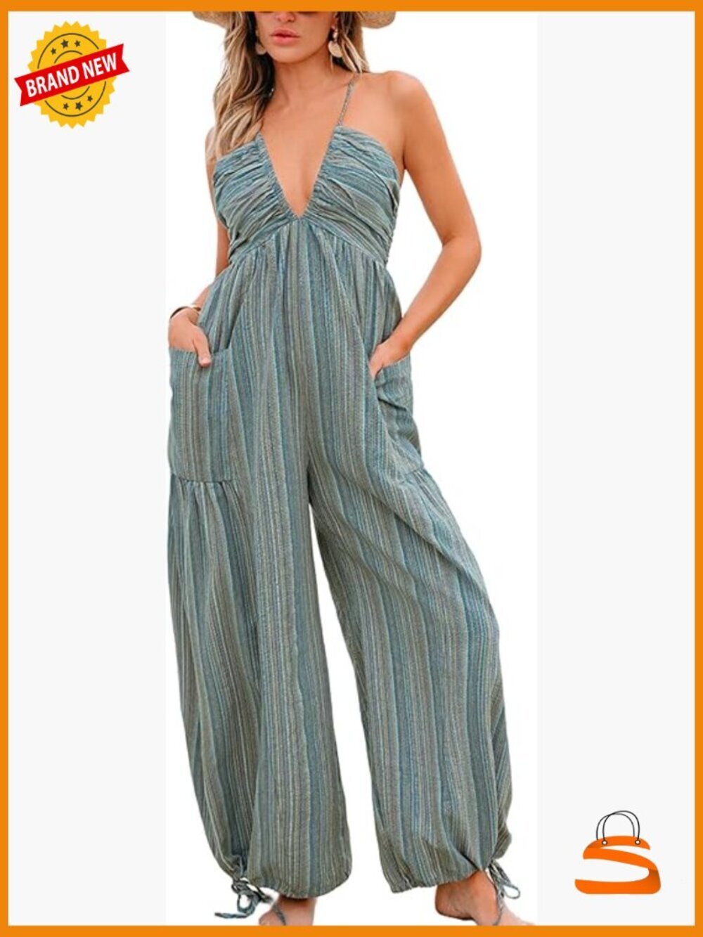 Wide Leg Maxi Jumpsuit Halter Neck Backless Pockets Stripe